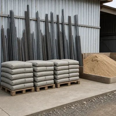 Pallets of cement, steel rebar, and construction sand at Joong Home Centre's builder yard