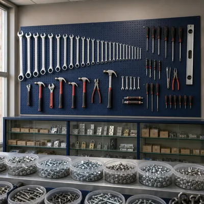 Hand tools and fasteners on a navy pegboard wall at Joong Home Centre