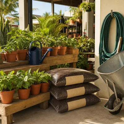 Potted plants, soil bags, garden hose, and a wheelbarrow at Joong Home Centre's garden centre