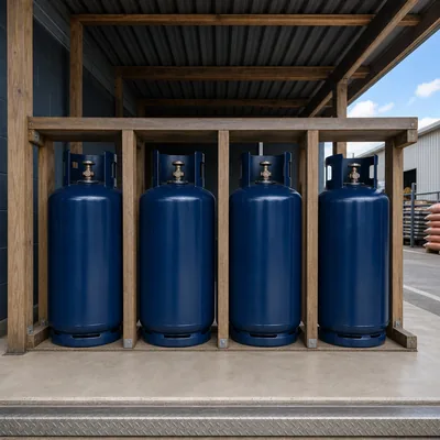 Row of deep-navy LPG cooking gas cylinders at Joong Home Centre's exchange bay