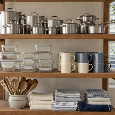 Stainless steel pots, glass storage containers, and wooden utensils on shelves at Joong Home Centre