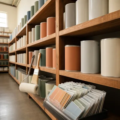 Paint aisle at Joong Home Centre with cans on wooden shelves and colour swatch fans